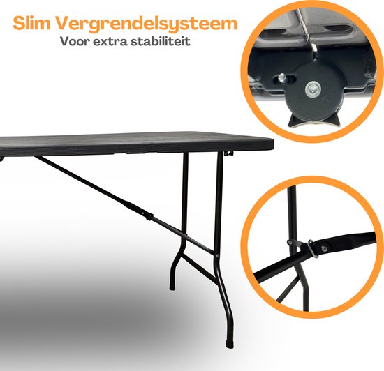 Zwarte klaptafel met 'Slim Vergrendelsysteem' en detail van het mechanisme.