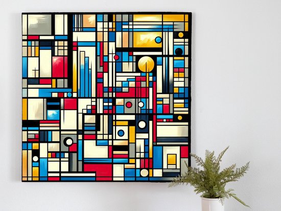 Olieverf mondriaan schilderij | Prisma van kleuren: abstracte mondriaan in olieverf gevangen op doek | Kunst - 30x30 centimeter op Canvas | Foto op Canvas