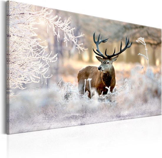 Peinture - Cerf dans la neige , brun blanc , décoration murale, 2 tailles, impression sur véritable toile italienne, pour salon et chambre