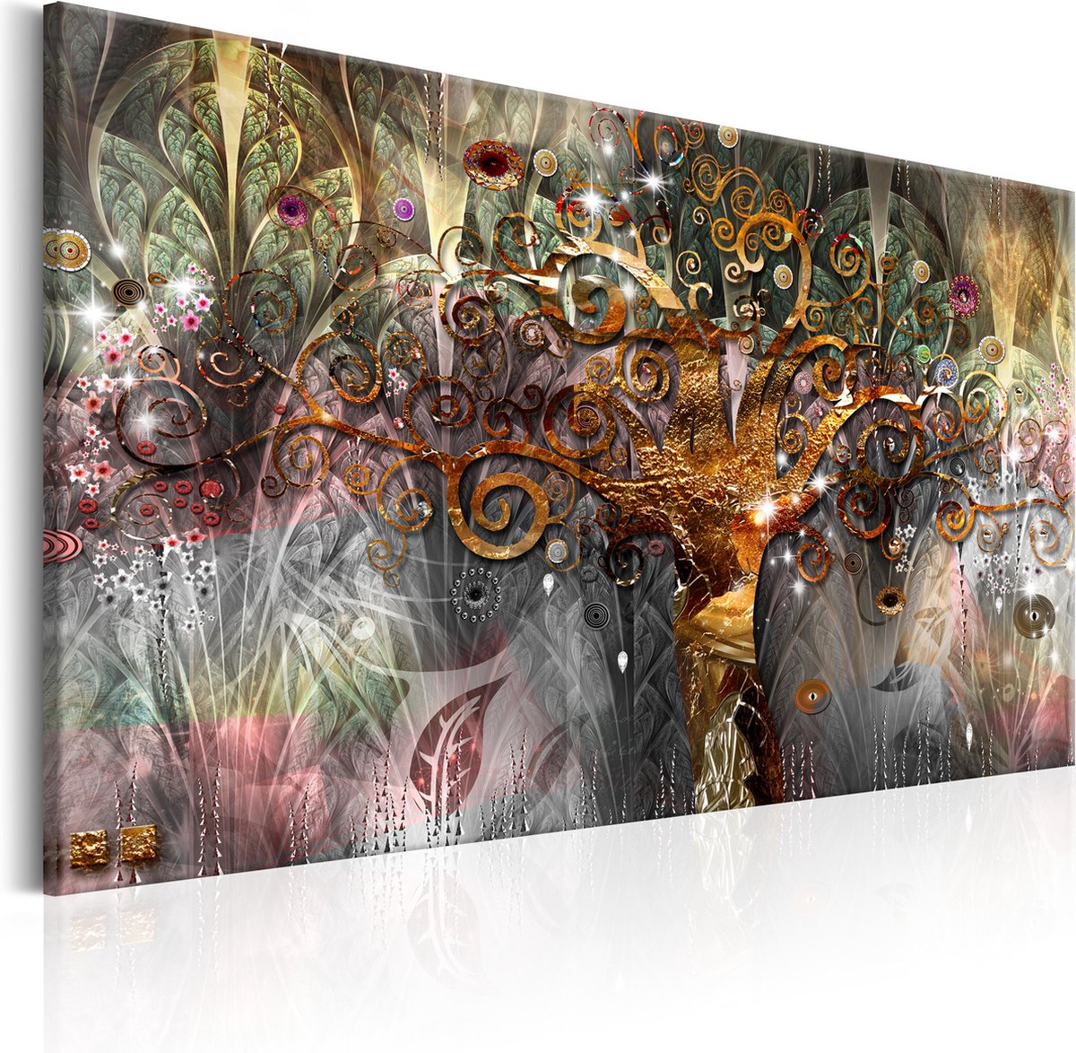 karo-art Schilderij - Gouden Boom , goud look, 2 maten, Abstracte afbeelding, voor slaapkamer en woonkamer, Print op echt Italiaans canvas, Wanddecoratie Multikleur