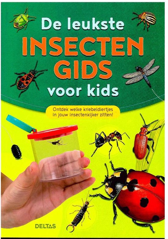 De voorkant van het boek "De leukste insectengids voor kids" met diverse insecten en een hand die een potje met een mier vasthoudt.