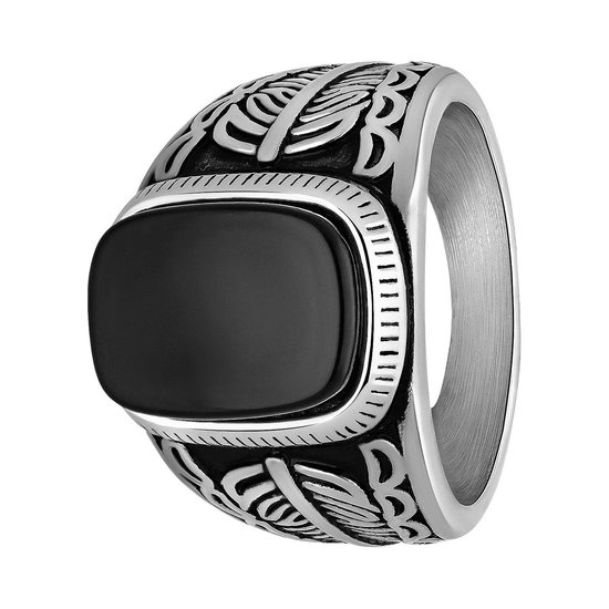 Lucardi Heren Stalen ring met rechthoekige zwarte steen - Ring - Staal - Zilver - 18 / 57 mm