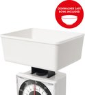 Witte keukenweegschaal met kom, met vermelding 'Dishwasher safe bowl included'.
