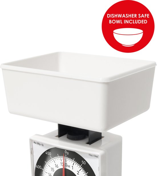Witte keukenweegschaal met kom, met vermelding 'Dishwasher safe bowl included'.