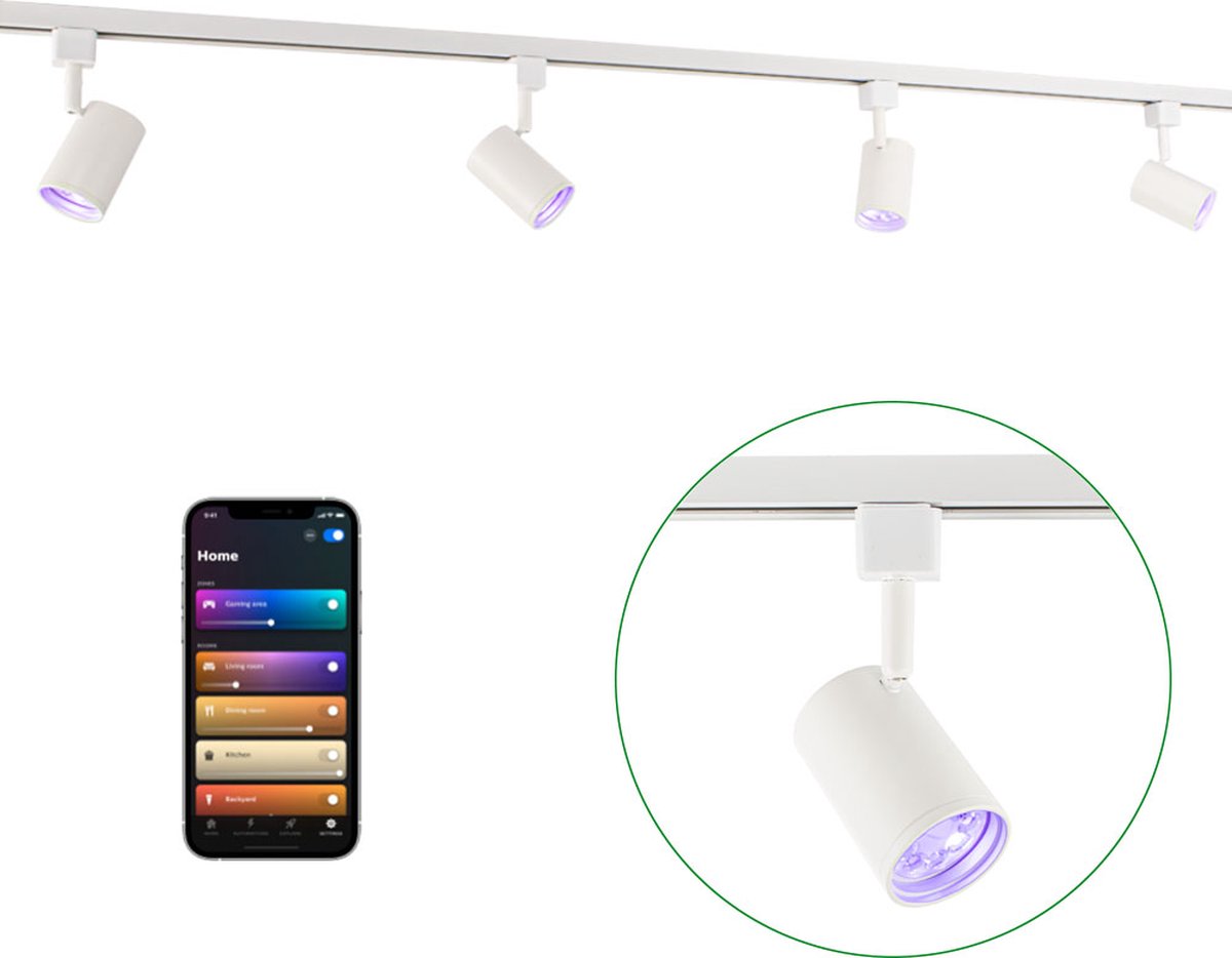 Smart Railsysteem 1-fase | Wit | 2 Meter | HUE compatible | Incl. 4x smart GU10 spots