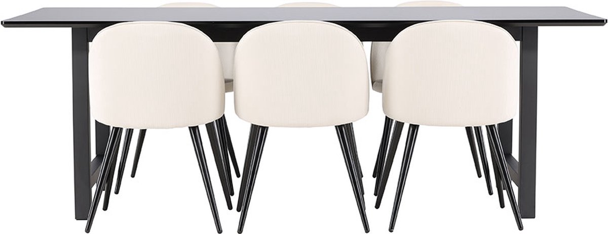 Oslo eethoek eetkamertafel 100x220cm zwart en 6 Skagen stoel fluweel beige.