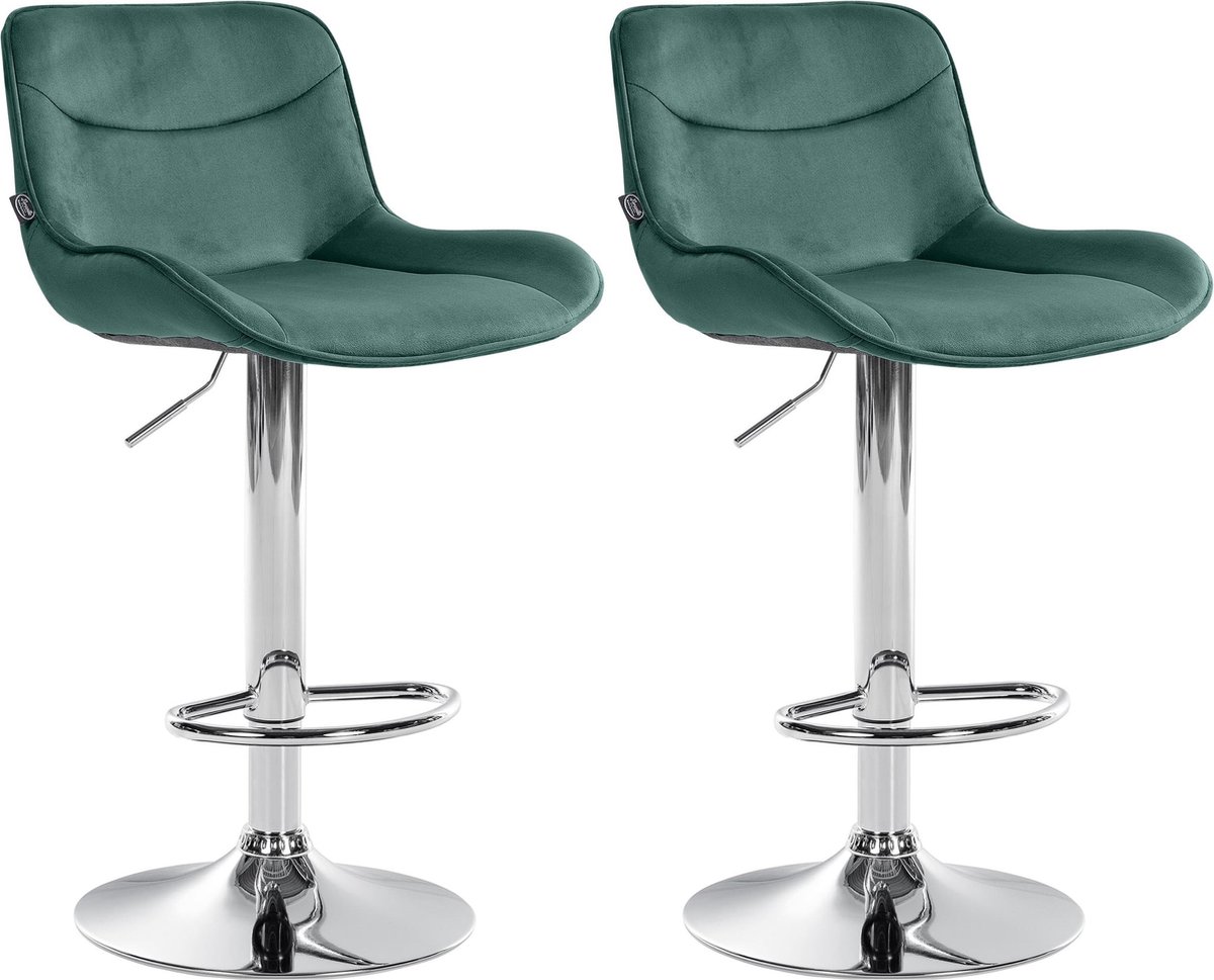 CLP Vonore Set van 2 barkrukken - Met rugleuning - Met voetensteun - Verstelbaar - Metalen frame - Velvet - Fluweel - chroom/groen
