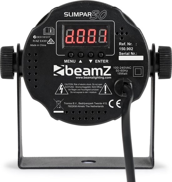 Achterkant van een zwarte BeamZ par spot met digitaal display, bedieningsknoppen en specificaties.