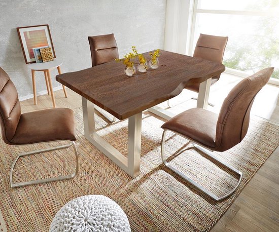 Massief houten tafel Live-Edge Acacia bruin 140×90 boven 3,5 cm breed houten tafel