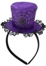 Halloween - Paarse verkleed mini hoed op diadeem met spinnenweb voor dames - Halloween/carnaval verkleedaccessoires hoeden - Mini hoge hoedjes
