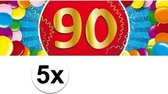 5x 90 Jaar leeftijd stickers 19 x 6 cm - 90 jaar verjaardag/jubileum versiering 5 stuks