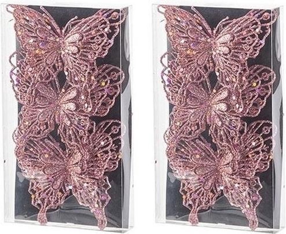 6x Kerst decoratie vlinders roze 12 x 11 cm - Kerstboom  versiering/decoratie vlinder... | bol.com