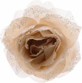 Decoratie kunstbloem roos creme 14 cm - Kunstroos creme met glitters