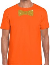 Oranje fun t-shirt met vlinderdas in glitter goud heren S