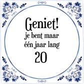 Verjaardag Tegeltje met Spreuk (20 jaar: Geniet! je bent maar één jaar 20! + cadeau verpakking & plakhanger