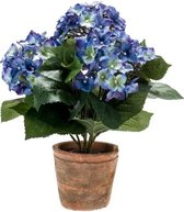 Kunstplant Hortensia blauw in terracotta pot 37 cm - Kamerplant blauwe Hortensia