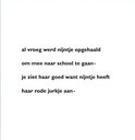 Tekst over Nijntje die vroeg naar school werd gebracht in haar rode jurkje.