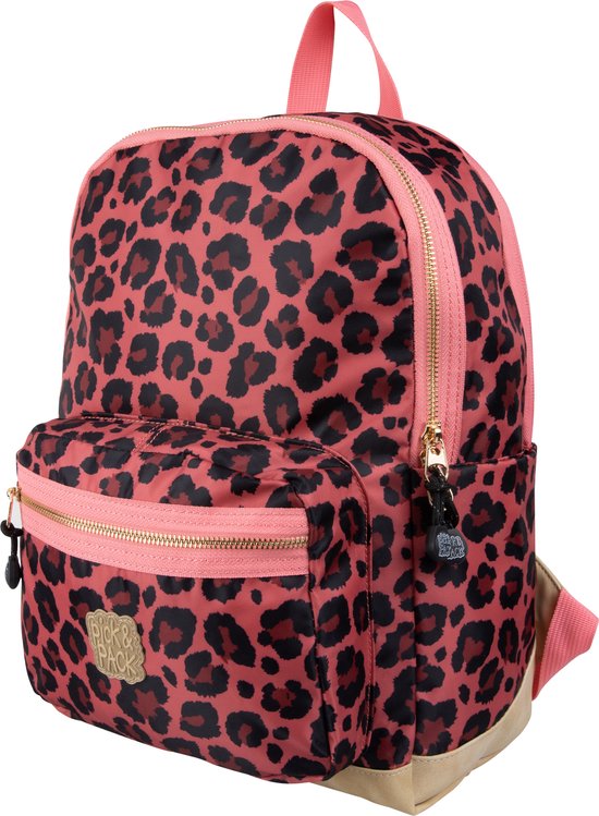 Roze rugzak met luipaardprint en roze ritsen, met 'Pick & Pack'-logo.