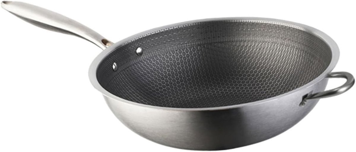 Wok Pan - Koekenpan - Wokken Koken - Honingraat Dubbele Handgreep - 34 Cm - Zilver