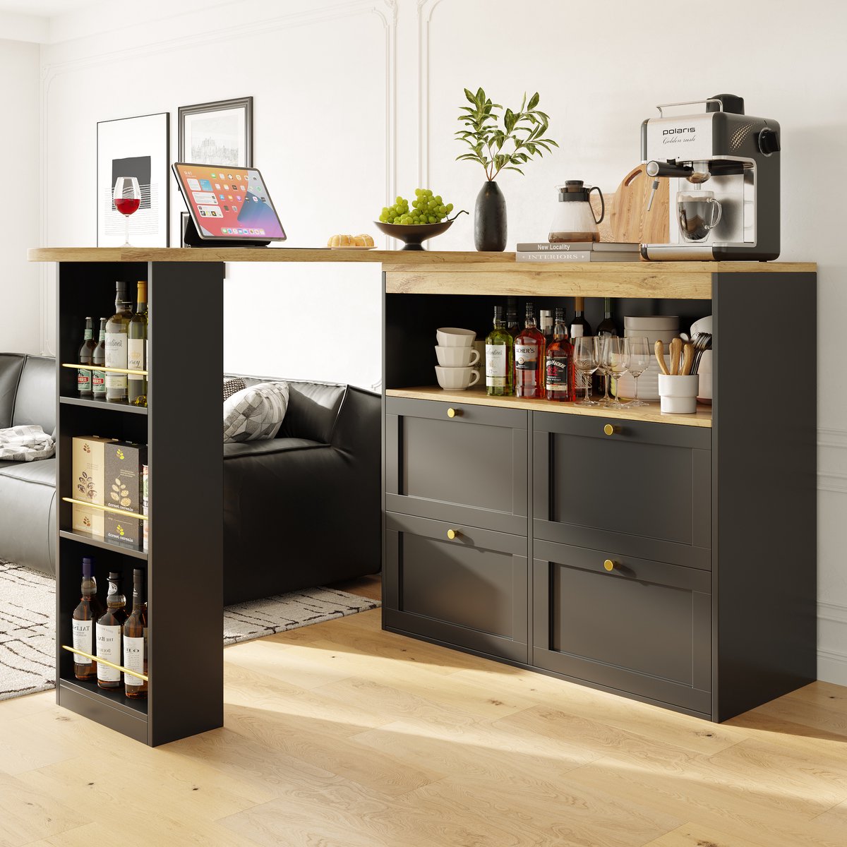 MODFU - Opbergkast - 360° Draaibaar Zijrek En 4 Laden - Modern - Voor Woonkamer Of Werkkamer - MDF - Zwart - 138 x 39 cm