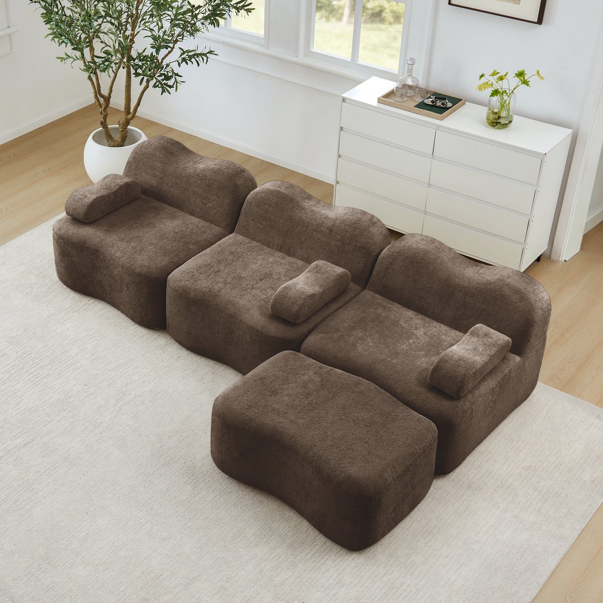 OKWISH Hoekbank 3-Zits - Modulair Framevrij Ontwerp Met Ottomaan - Diepe Zitting Voor Woonkamer - Fluweel - Bruin