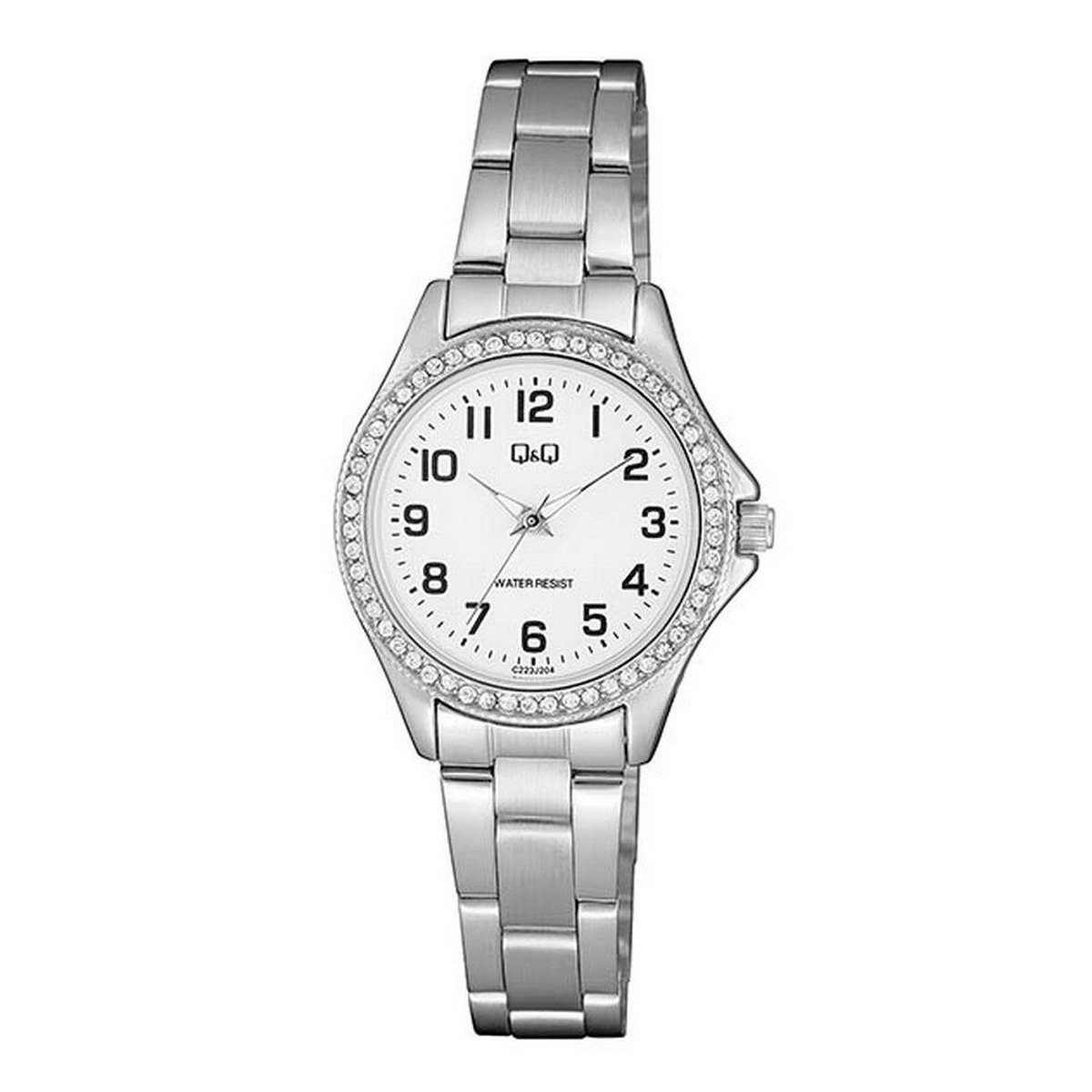 QQ C223J204Y - Horloge - Analoog - Vrouwen - Dames - Stalen band - Rond - Metaal - Cijfers - Zilverkleurig - Wit - Briljanten