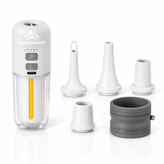 Gonfleur blanc avec cylindre transparent et accent jaune, avec 4 embouts.