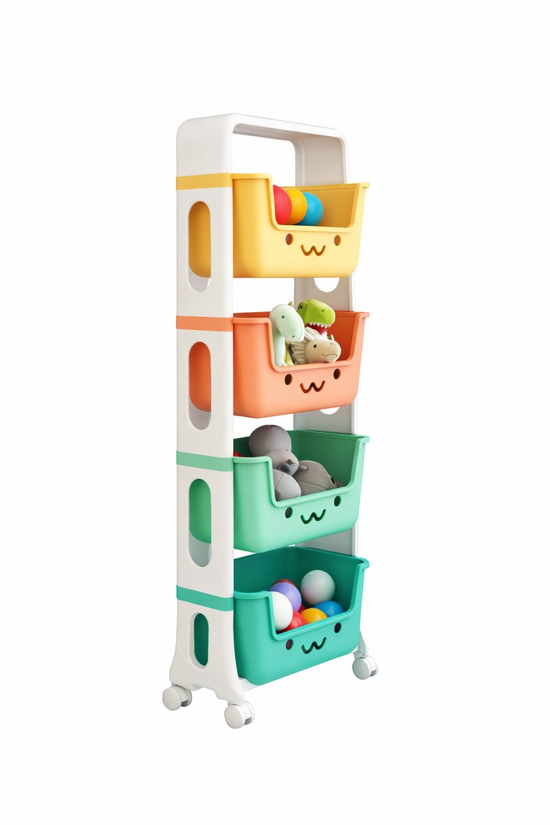 Speelgoed Opberger met 4 Bakken op Wieltjes – Kinder Opbergkast – Speelgoed Organizer – Kinderkamer Opruimsysteem – 124 x 39 x 26 cm