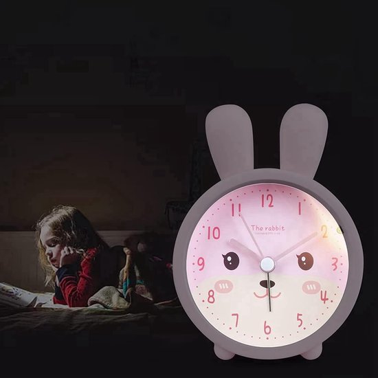 Kinderwekker Konijn - Stille Analoge Klok - Slaapkamer Educatie - Geruisloos Lichtfunctie - 11x10x9 cm - Roze — afbeelding 4