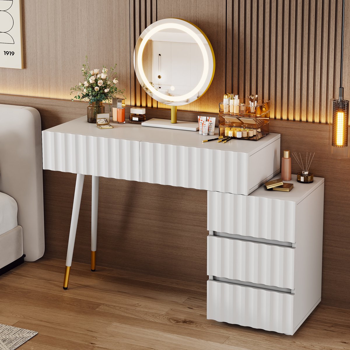Wishdor - Kaptafel - Led-Spiegel En 5 Laden - Golvende Fronten - Flexibele Indeling - MDF En Spaanplaat - Wit - 100 X 40 X 127 Cm