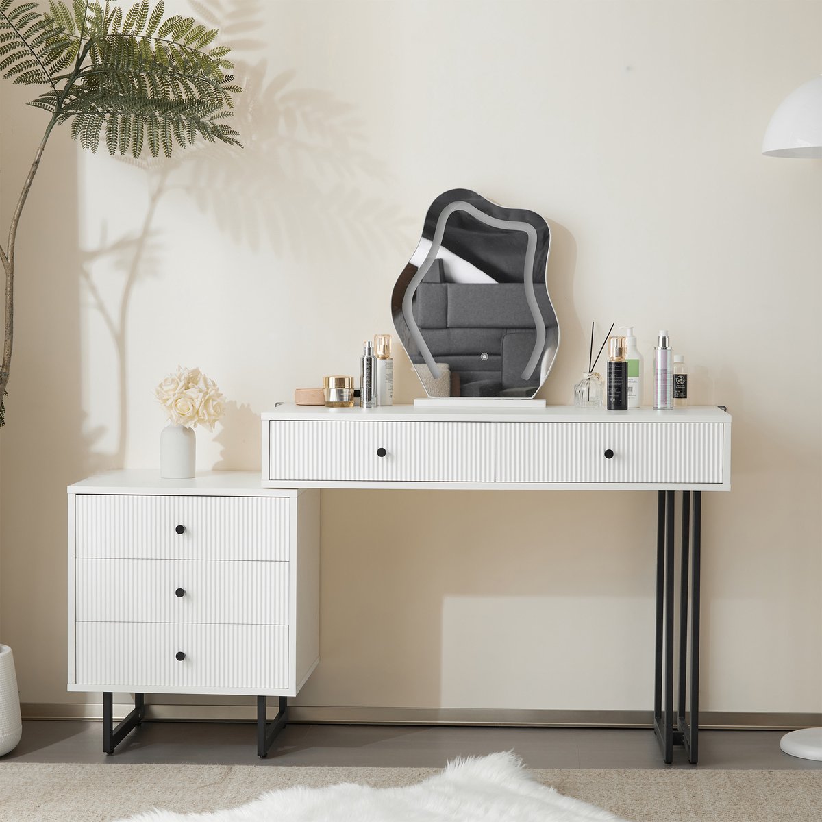 Wishdor Kaptafel - Verplaatsbare Spiegel Met Dimbare Ledverlichting En 5 Laden - Modern - Spaanplaat - Wit - 100 X 40 X 76 Cm