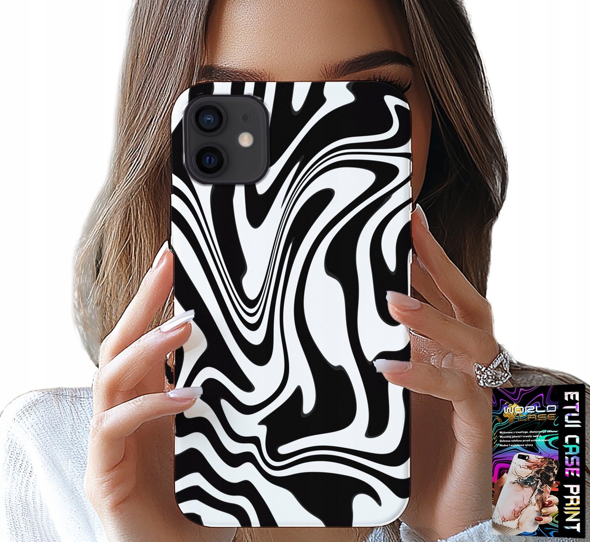 HOESJE VOOR IPHONE 13 MINI - ZWART-WIT ABSTRACTIE + HARTGLAS