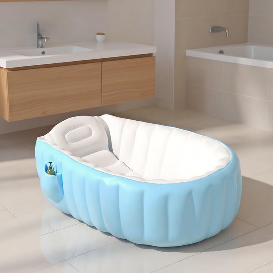 Opblaasbaar Babybad - Peuterbad Douche - Veilig Baden - Inclusief Voetpomp - 98x64x28cm - Blauw — afbeelding 2