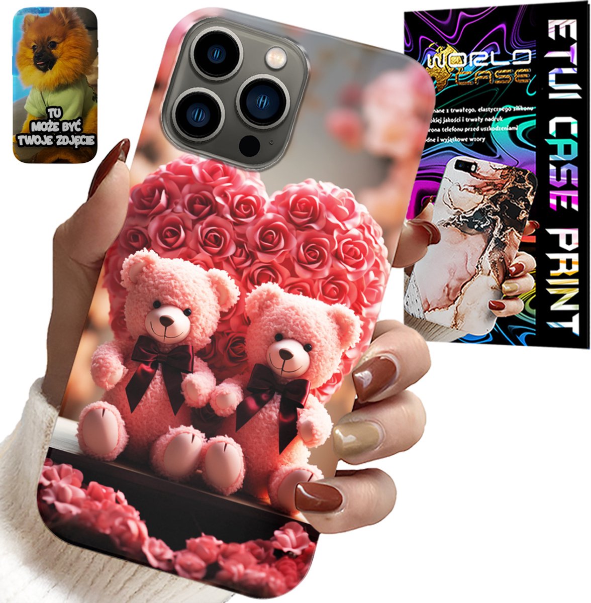 HOESJE VOOR IPHONE 13 PRO - ROSE BEAR FAMILY HEART + GLAS