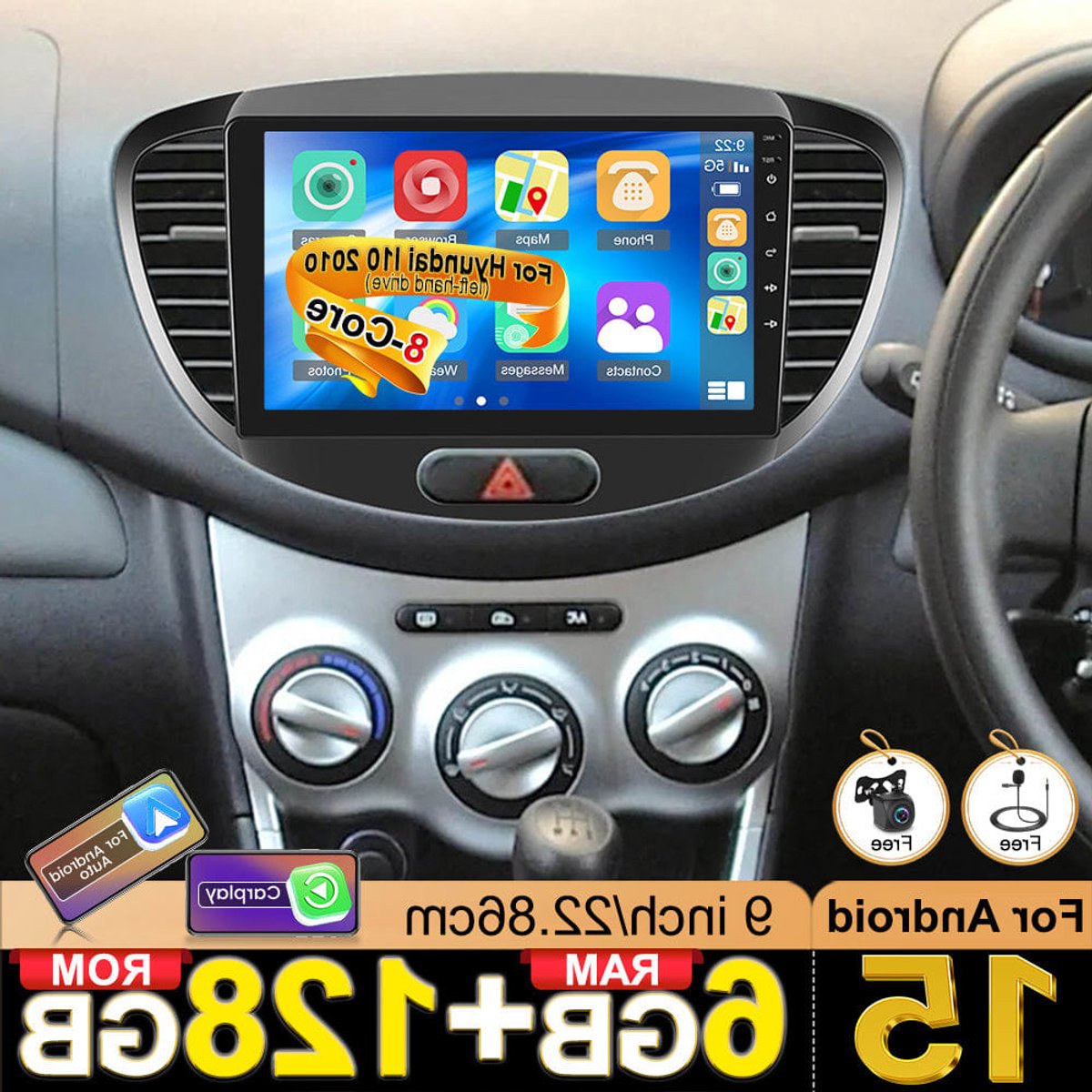 Car Stereo Hyundai i10 2010 – Autoradio – Multimedia Systeem – Navigatiesysteem – Touchscreen Audio – Android 15.0 – Draadloze CarPlay – 9 Inch Scherm – 6GB RAM + 128GB Opslag – Plug-and-Play Installatie