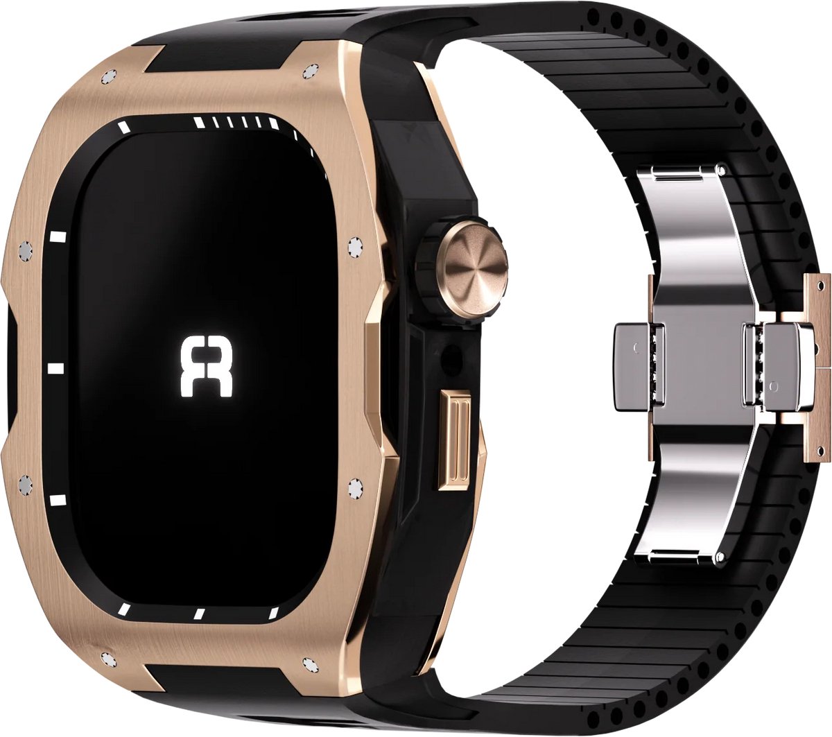 Reqior Case met rubberen bandje Rubber – geschikt voor Apple Watch 7 45mm / Apple Watch 8 45mm / Apple Watch 9 45mm – stevig, comfortabel – Rose Gold/Black