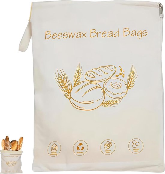 Sacs à pain en cire d'abeille - Avec fermeture à glissière – Grands sacs de conservation alimentaire - Sacs à pain en coton avec cire d'abeille - Matériaux naturels - Résistant à l'eau et à l'huile, conserve les aliments frais - 43 x 33 cm