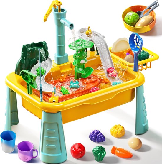 Table D'activité Aquatique 4-en-1 Avec Pompe à Eau Fonctionnelle - Jeu De Pêche Et Cuisine Miniature - Pieds Réglables - Pour Enfants De 4 à 8 Ans - été Extérieur