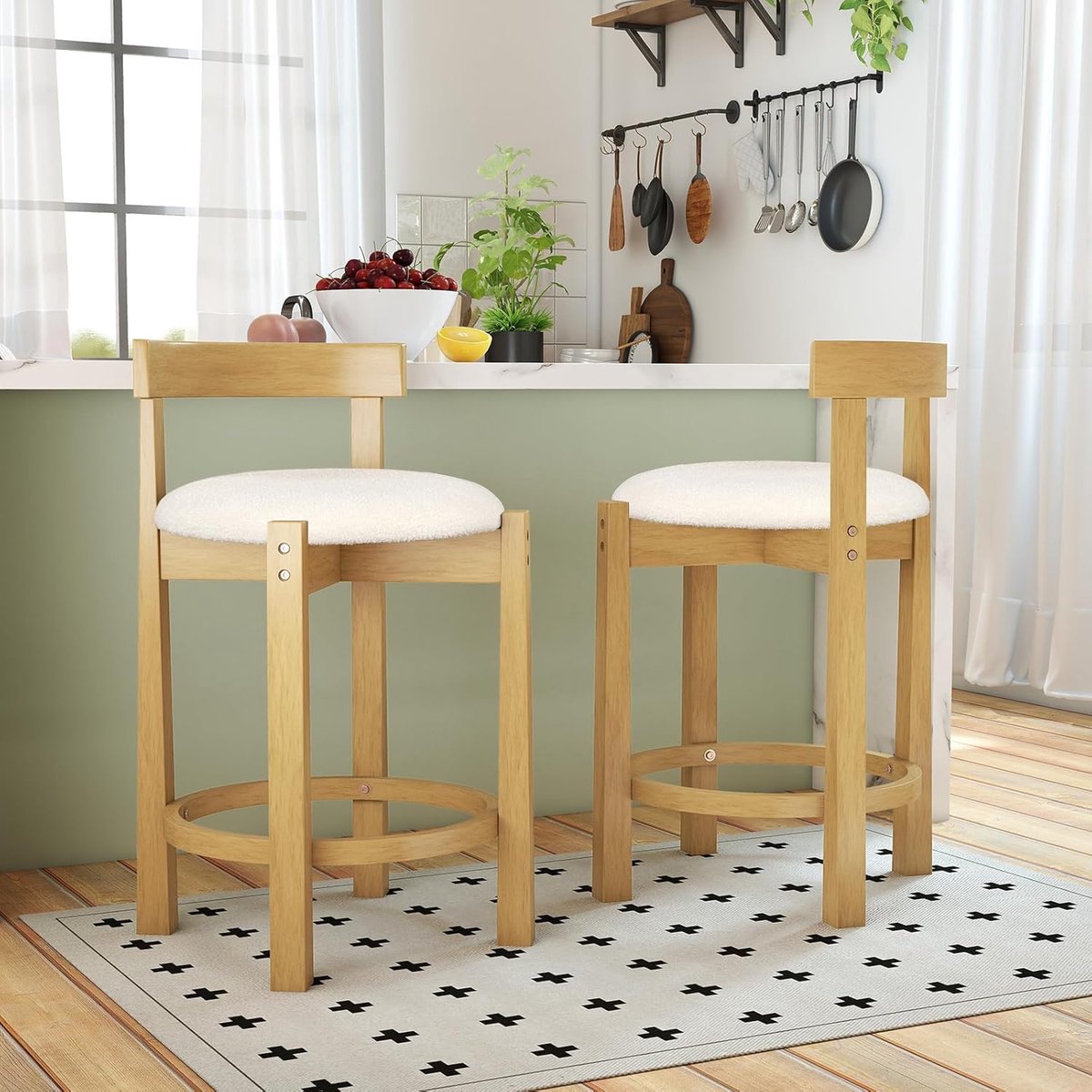 Barkruk Set - Barstoel Keuken - Zitten aan bar - Houten frame - Zithoogte 62cm - Linnen naturel