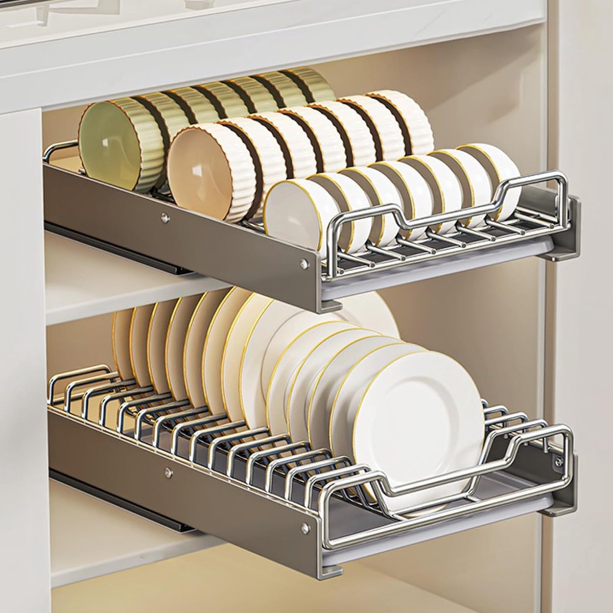 Kast Organizer - Uitschuifbare Lades - Keuken Opbergen - Roestvrij Staal - 42x32cm - Grijs