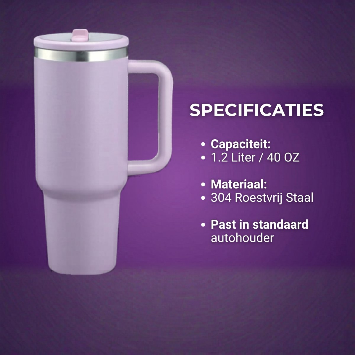 Thermosbeker 40 oz (1,2 Liter) met Rietje - RVS Tumbler - Lavender - Travel Mug - Isoleerbeker voor Koude en Warme Dranken - Lekvrij Design - Roestvrij Staal – foto 7