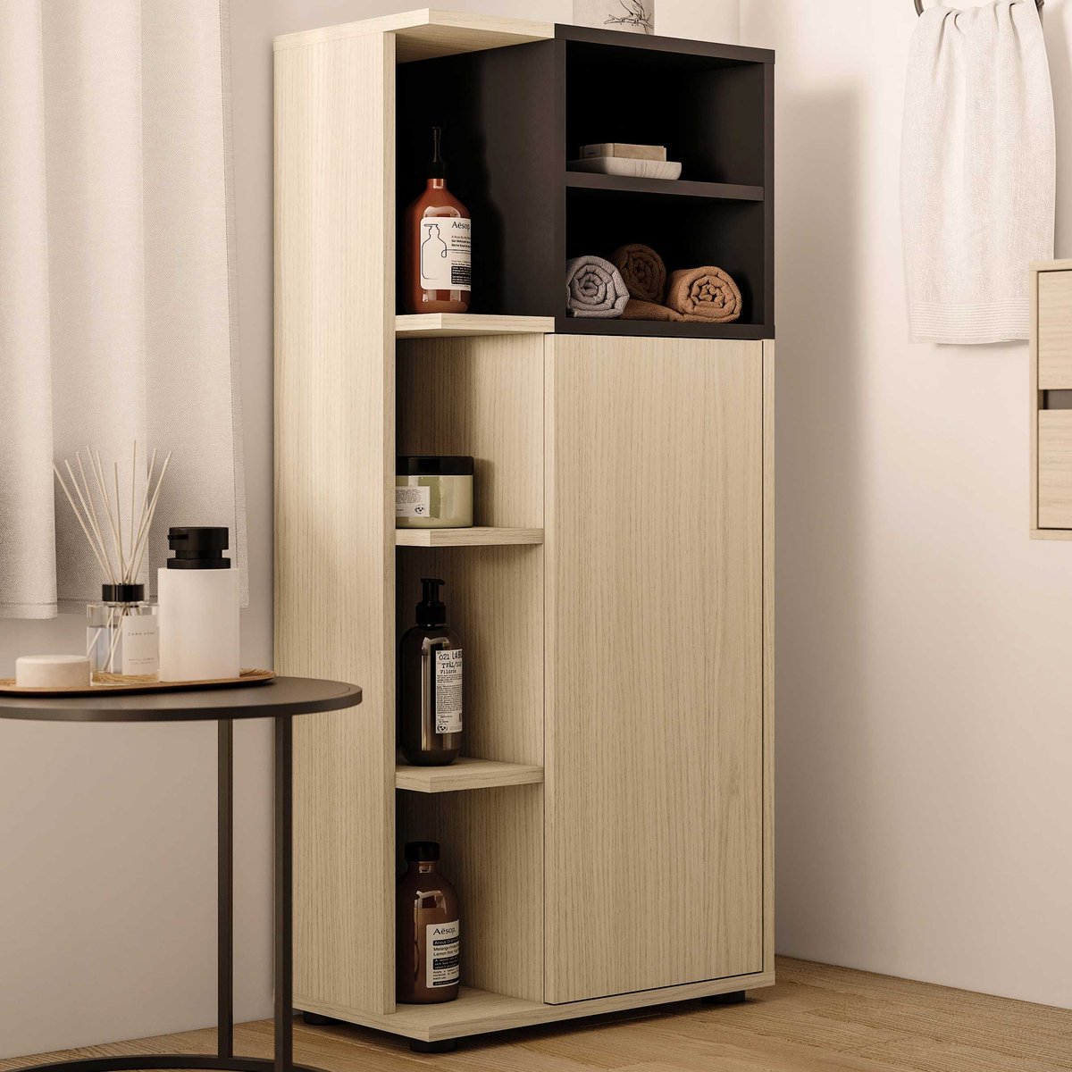 Kolomkast Kuba 5 Legplanken, 1 Draaideur-lichte Eik/zwart - Symbiosis - Badkamer Kolomkast - Bruin; Zwart - Melamine; Spaanplaat