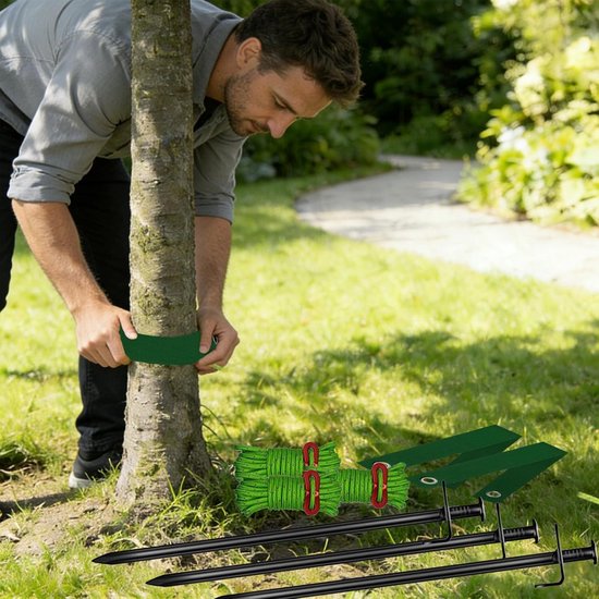 9-delige set boomstaken en accessoires voor het bevestigen van planten en tenten met windbestendigheid - inclusief metalen stamset, palen, banden en tractietouwen — afbeelding 2