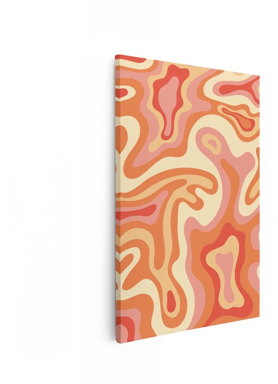 Peinture sur toile avec un motif abstrait et ondulé dans des tons orange, rose et crème.