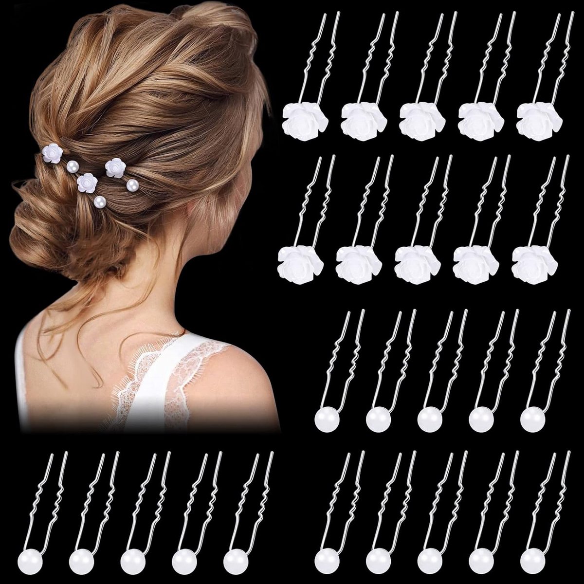 25 Stuks Luxe Bruidshaarspelden met Parels en Strass - U-vormig Haaraccessoire