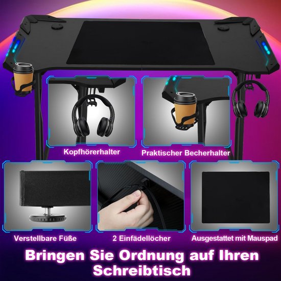 Ergonomisch Gaming Bureau Z-Vorm 140x60 cm met LED Verlichting en Grote Muismat — afbeelding 3
