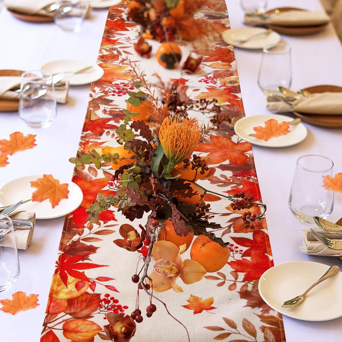Linnen Tafelloper Herfst Decoratie Set met 50 Kunstmatige Esdoornbladeren