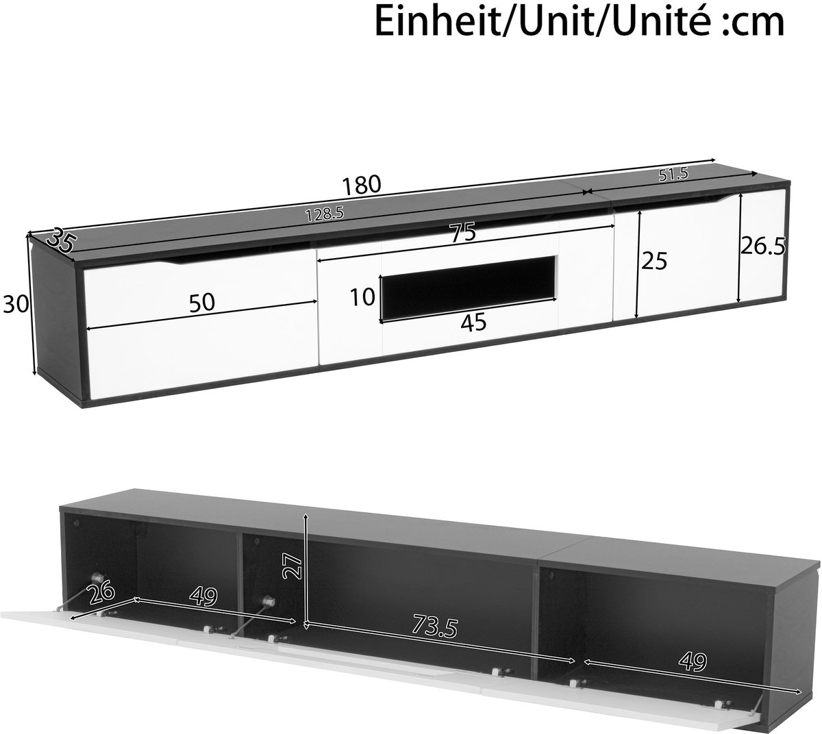 Merax Tv-Meubel Hoogglans Zwart-Wit Met Led-Verlichting - Tv-Kast / Lowboard 180 x 35 x 30 cm - Met Open Middenvak - Wandmontage Of Vrijstaand - Usb Aansluiting - Draagvermogen 60 Kg