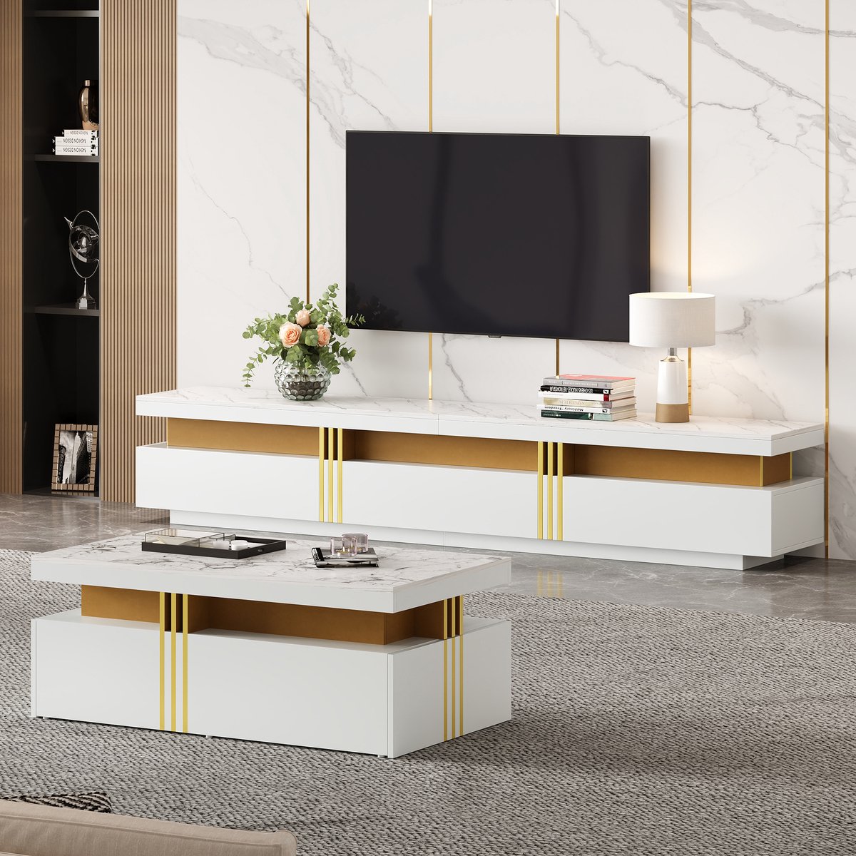 HAUSS SPOLE TV-Meubel Set - TV-Kast Met 3 Lades En Salontafel Met 2 Lades - Modern Design 
