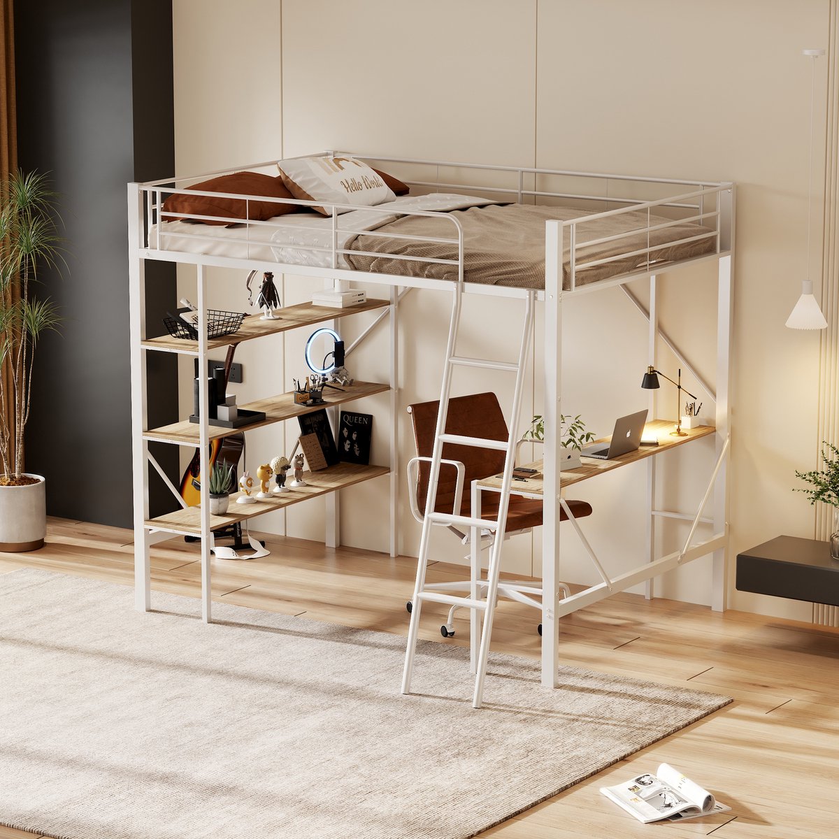 HAUSS SPOLE Hoogslaper 90x200cm - Met Bureau En 3 Opbergniveaus - Veilig Spijlenframe - Voor Studenten En Kinderkamer - MDF+Metaal - Wit - Zonder matras